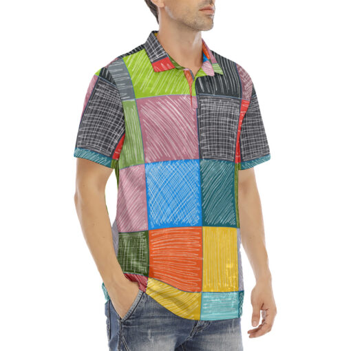 Patchwork Stroke Drawing Velvet Polo Shirt - Image 3