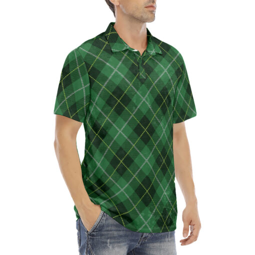 Green Tartan Plaid Velvet Polo Shirt - Image 3