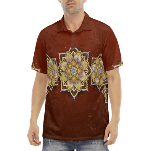 Yellow on Red Mandala Velvet Polo Shirt - Image 2