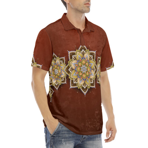 Yellow on Red Mandala Velvet Polo Shirt - Image 3