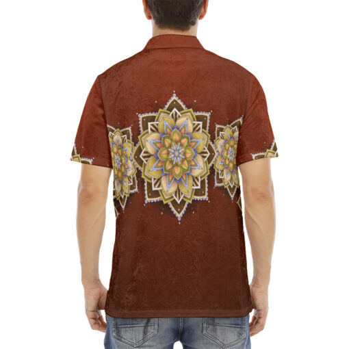 Yellow on Red Mandala Velvet Polo Shirt - Image 4