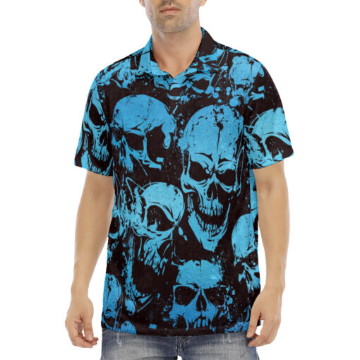 Blue Grunge Skulls Velvet Polo Shirt - Image 2