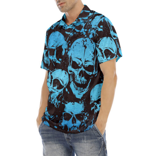 Blue Grunge Skulls Velvet Polo Shirt