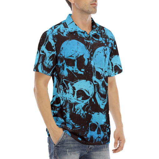 Blue Grunge Skulls Velvet Polo Shirt - Image 3