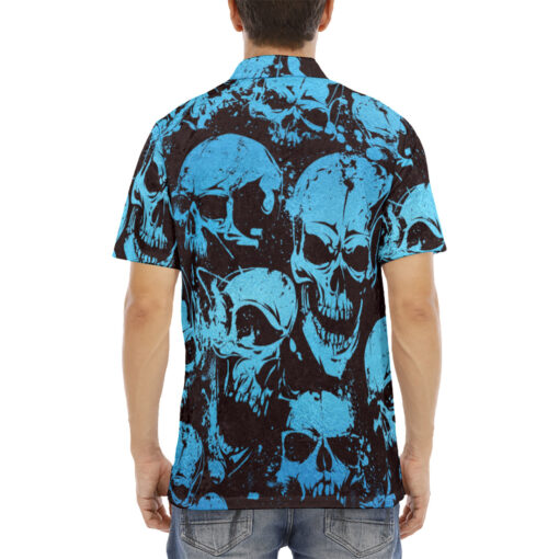 Blue Grunge Skulls Velvet Polo Shirt - Image 4