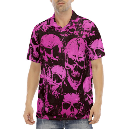 Pink Grunge Skulls Velvet Polo Shirt - Image 2