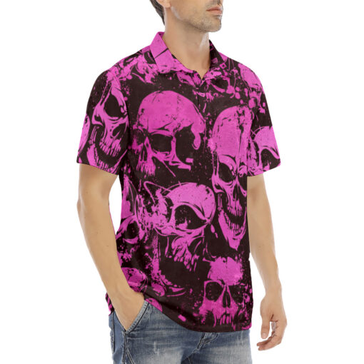 Pink Grunge Skulls Velvet Polo Shirt - Image 3