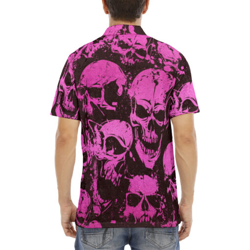 Pink Grunge Skulls Velvet Polo Shirt - Image 4