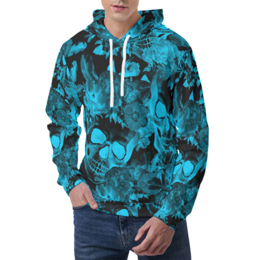 Aqua Blue Skulls with Flowers Men's Hoodie