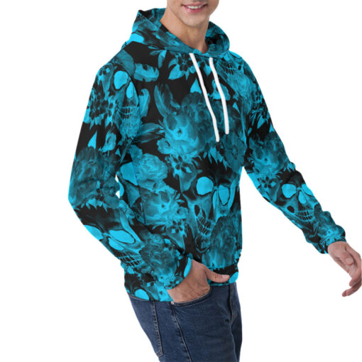 Aqua Blue Skulls with Flowers Men's Hoodie - Image 2