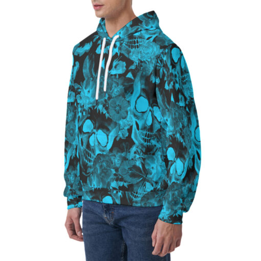 Aqua Blue Skulls with Flowers Men's Hoodie - Image 3