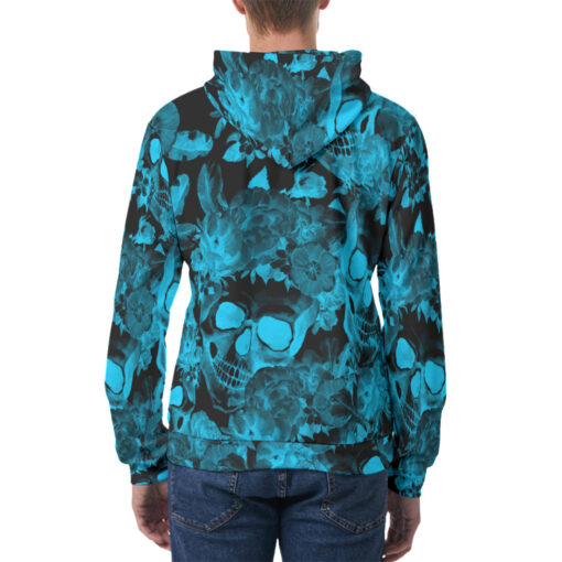 Aqua Blue Skulls with Flowers Men's Hoodie - Image 4