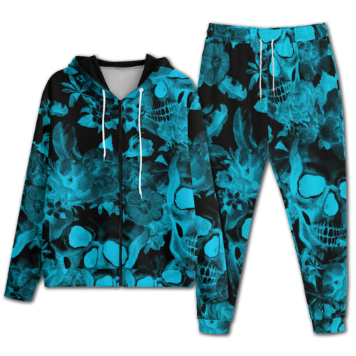 Aqua Blue Skulls with Flowers Men's Tracksuit