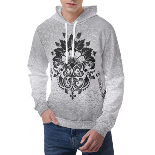 Black on Silver Damask Ornament Men's Hoodie