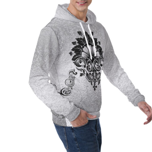 Black on Silver Damask Ornament Men's Hoodie - Image 2