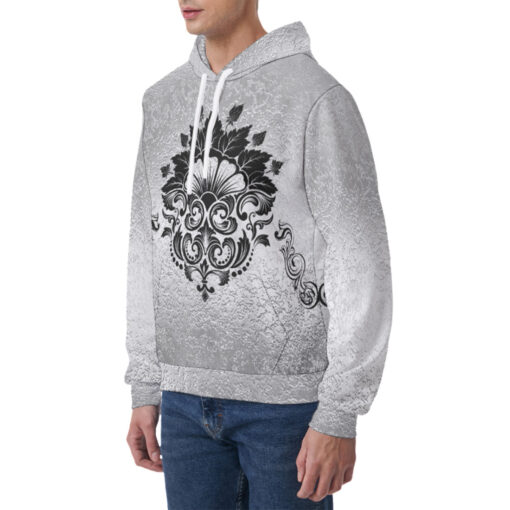 Black on Silver Damask Ornament Men's Hoodie - Image 3