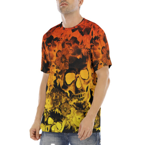 Yellow Red Skulls with Flowers Men's T-Shirt - Image 2