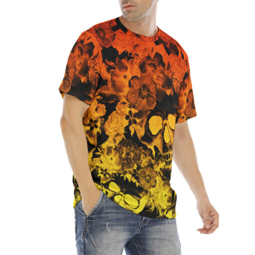 Yellow Red Skulls with Flowers Men's T-Shirt - Image 3