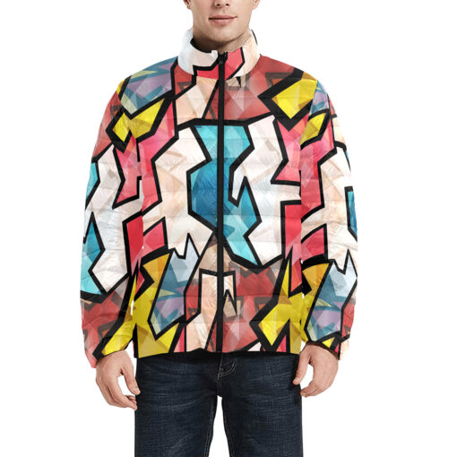 Bright Graffiti Geometric Men's Padded Jacket - Image 3