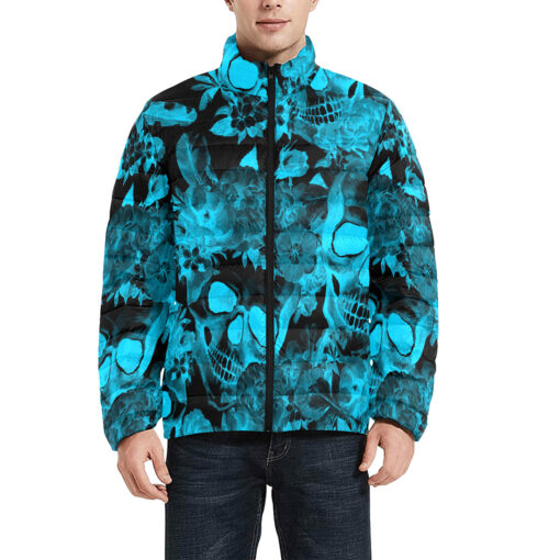 Aqua Blue Skulls with Flowers Men's Padded Jacket - Image 3