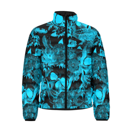 Aqua Blue Skulls with Flowers Men's Padded Jacket