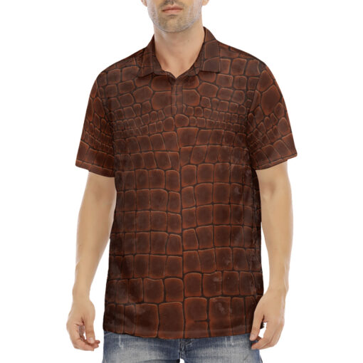 Brown Alligator Pattern Velvet Polo Shirt - Image 2