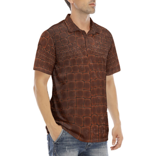 Brown Alligator Pattern Velvet Polo Shirt - Image 3