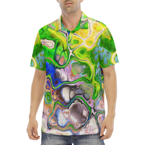 Marbled Abstract Paint Flow Velvet Polo Shirt - Image 2