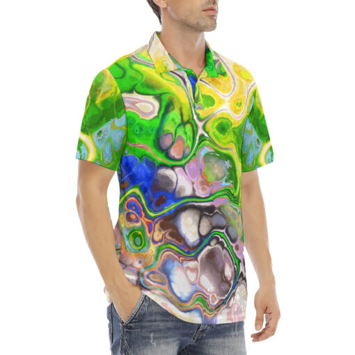 Marbled Abstract Paint Flow Velvet Polo Shirt - Image 3