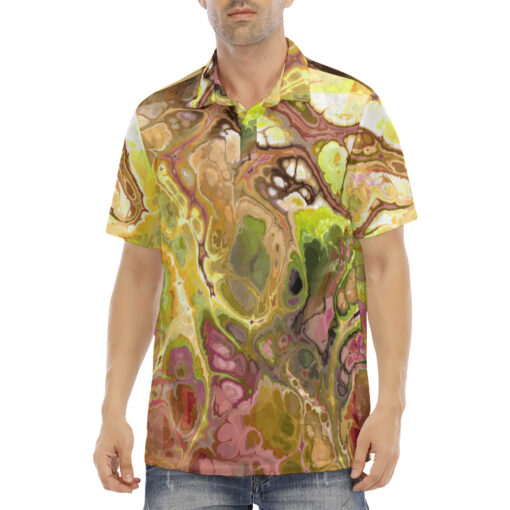 Abstract Gold Fluid Marble Velvet Polo Shirt - Image 2