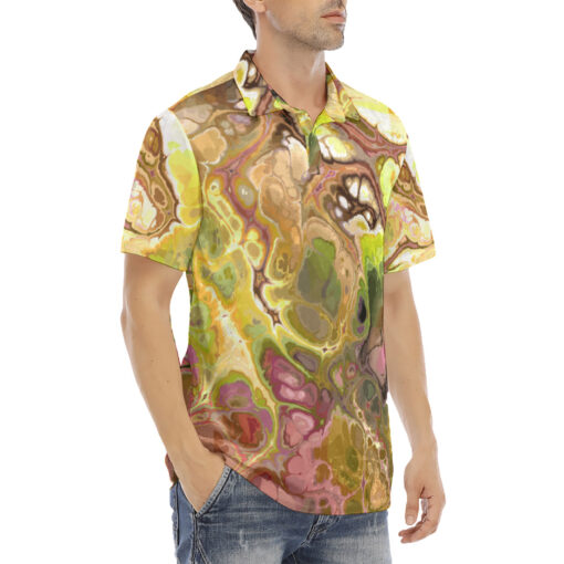 Abstract Gold Fluid Marble Velvet Polo Shirt - Image 3