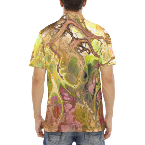 Abstract Gold Fluid Marble Velvet Polo Shirt - Image 4