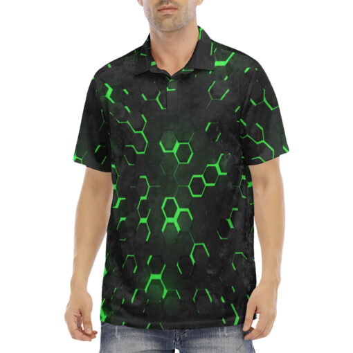 Green 3D Hexagon Tech Velvet Polo Shirt - Image 2