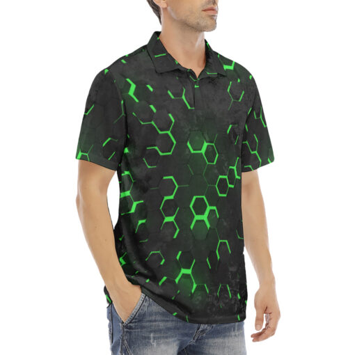 Green 3D Hexagon Tech Velvet Polo Shirt - Image 3