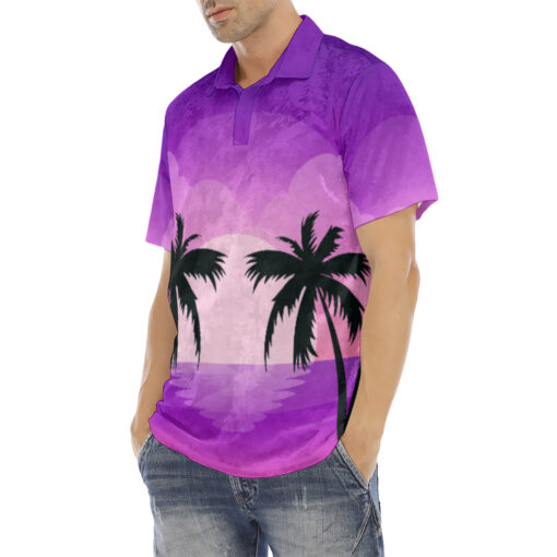 Neon Sunset Beach Palm Velvet Polo Shirt