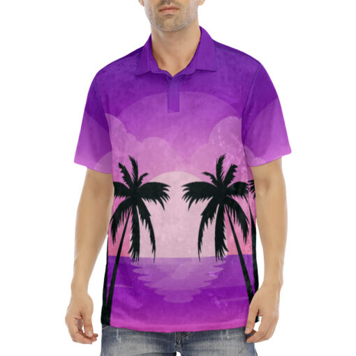 Neon Sunset Beach Palm Velvet Polo Shirt - Image 2