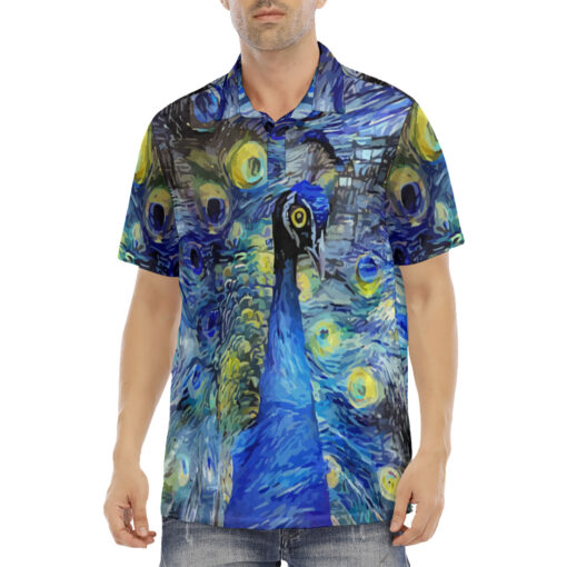 Starry Night Impressionism Peacock Velvet Polo Shirt - Image 2