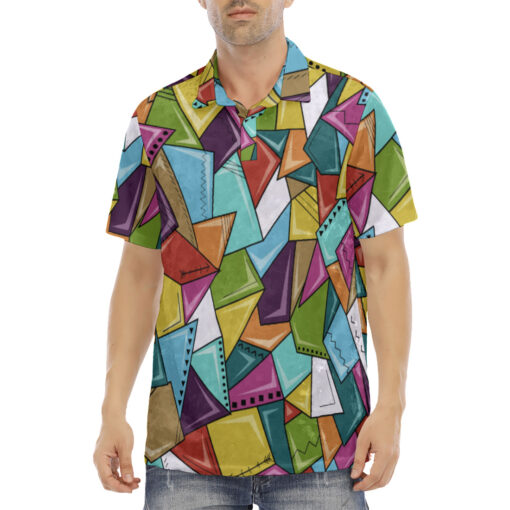 Colorful Mosaic Geometric Velvet Polo Shirt - Image 2