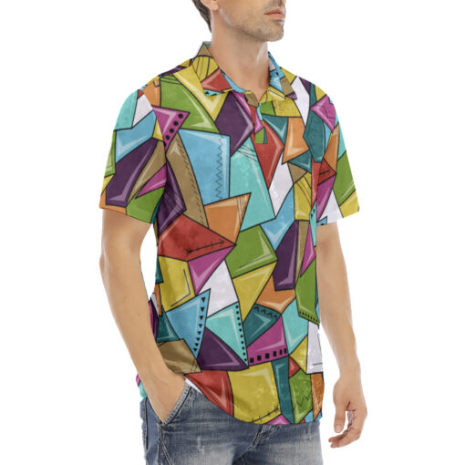 Colorful Mosaic Geometric Velvet Polo Shirt - Image 3