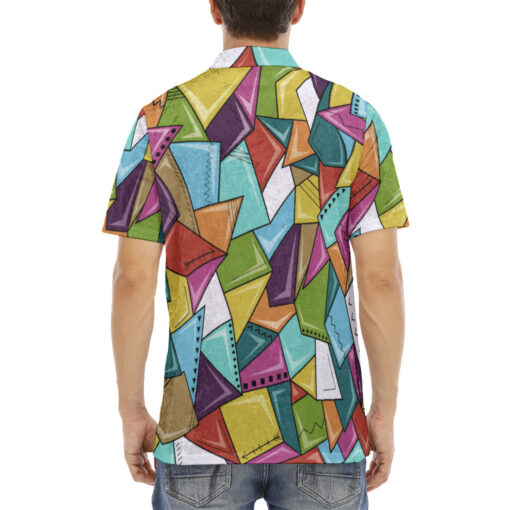 Colorful Mosaic Geometric Velvet Polo Shirt - Image 4