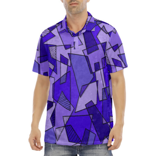 Mosaic Geometric Blue Velvet Polo Shirt - Image 2