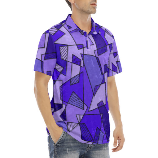 Mosaic Geometric Blue Velvet Polo Shirt - Image 3