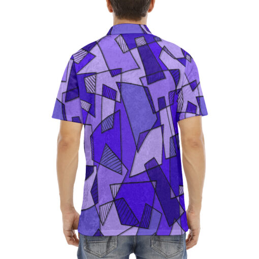 Mosaic Geometric Blue Velvet Polo Shirt - Image 4