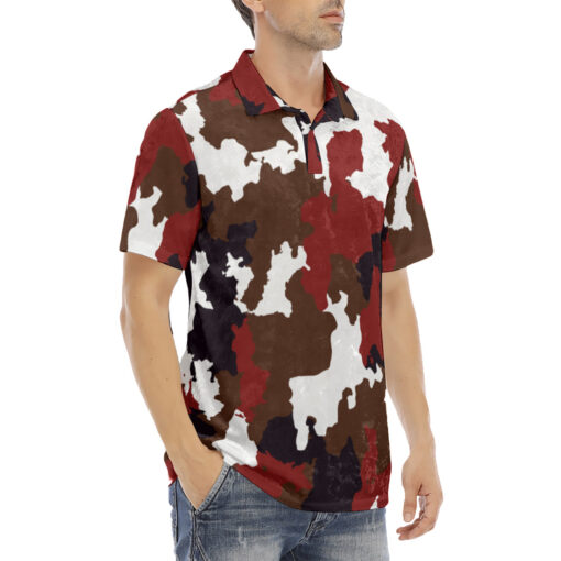 Red Brown Camouflage Velvet Polo Shirt - Image 3