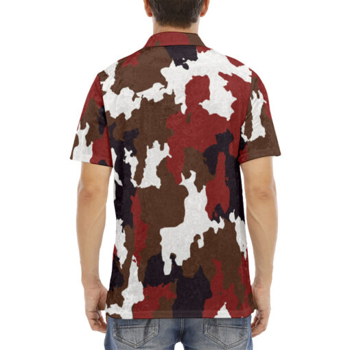 Red Brown Camouflage Velvet Polo Shirt - Image 4