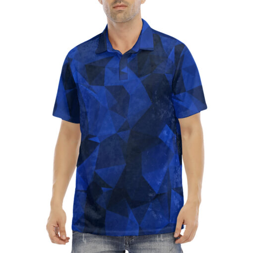 Polygonal Blue Geometric Velvet Polo Shirt - Image 2