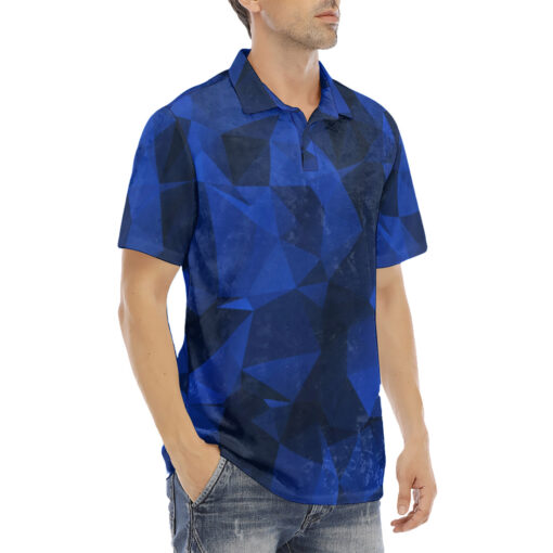 Polygonal Blue Geometric Velvet Polo Shirt - Image 3