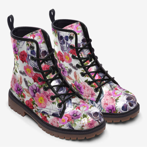 Watercolor Skulls Roses Trendy Leather Boots - Image 2