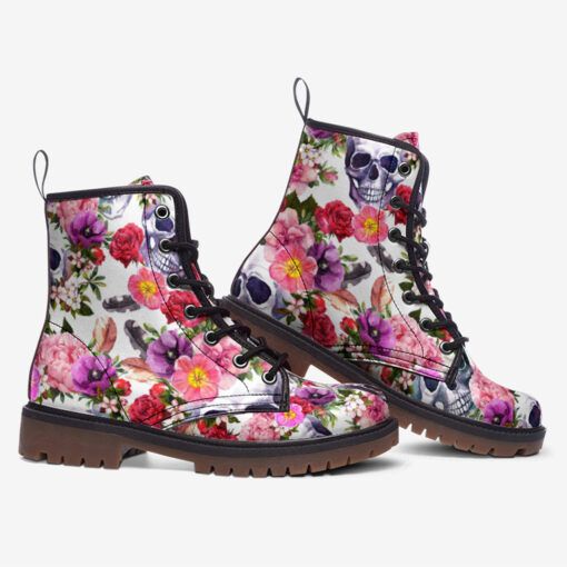 Watercolor Skulls Roses Trendy Leather Boots