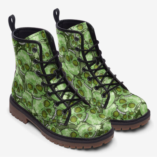 Green Skulls Camouflage Trendy Leather Boots - Image 2